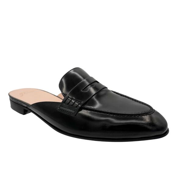 J Crew Academy Penny Loafers Black Leather Flat Mule Slides Size 10 - Picture 12 of 13